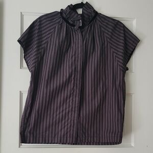 A Shirt Thing - Striped Button Down Top With Velvet Trim Ruffle Collar - S